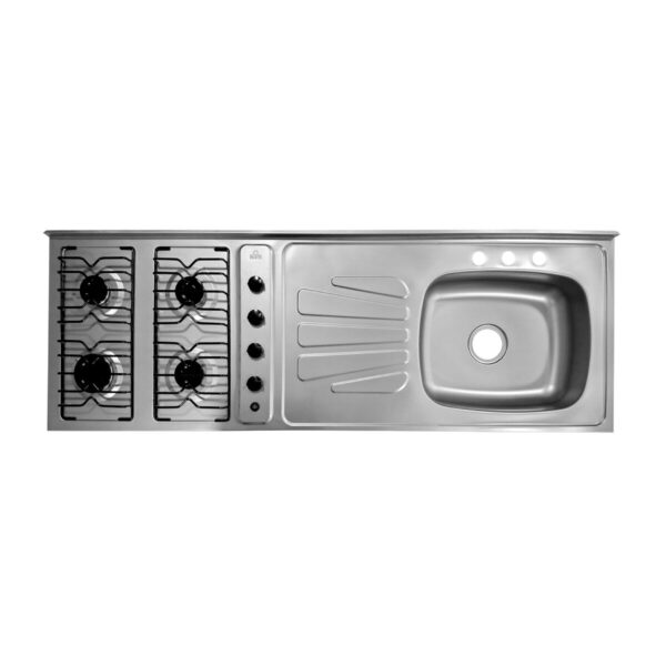 Mesón con Estufa de 4 Quemadores Escurridor lado Izquierdo y Mezclador 150x50