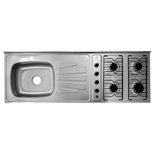 Mesón con Estufa 4 Quemadores Escurridor al Lado Derecho y Monocontrol en Acero Inoxidable150x50