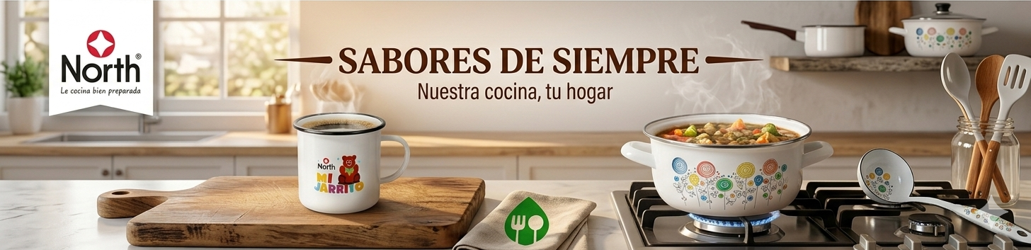 Ollas y jarro de peltre North en cocina tradicional del hogar, representando sabores de siempre y preparación de alimentos de forma saludable.